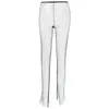 Dirtylily Cristal Diamante Brilhante Mulheres Calças de Verão Moda Escavada Fishnet Largo Perna Calças Sexy Ver através da Praia Pant 211216