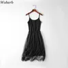 Modal Verão Sem Mangas Sling Gaze Lace Tulle Dress Mulheres Básico Vestidos Longos Malha Sexy Vestido de Mujer 210519