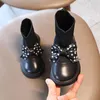 Stövlar små barn ankel stickade skor glida-på tjej med prick båge 2021 baby barn runda tår skola enhetlig klänning sko svart 21-36
