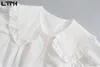 Français Vintage Peter Pan Collier Blanc Chemise Blanche Femme Short Feuillée Blouse Chemise Simple Coton Simple Tops Summer 210427