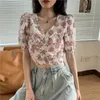 Kvinnors T-skjortor V-ringning Floral Print Ladies Tops Fashion Märke Summer Puff Short Sleeve Shirt For Women Clothes Ins Hipster Tees Slim