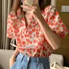 Korejpaa Dames Shirt Zomer Koreaans Chic Frans Retro Revers Volledig Screen Flower Design Single-Breasted Short-Mouwen Blouses 210526