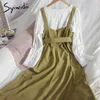 SYIWIDII 패션 2 피스 블라우스와 카메인 드레스 여성 퍼프 슬리브 O 넥 화이트 셔츠 새시 A 라인 녹색 드레스 여름 210417