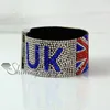 Skórzany Kryształ Rhinestone UK USA Flag Snap Wrap Plotke Bransoletki Wysokiej Mody Biżuteria Handmade Moda Biżuteria