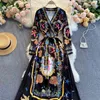 Spring European American Retro Print Maxi Vestidos Women's Cross V-neck Slim Slimming Dress C576 210506