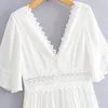 Süße Mädchen Weiche Baumwolle V-ausschnitt Kleid Sommer Mode Damen Büro Frauen Reine Farbe Fransen Hohe Taille 210515
