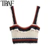 TRAF Women Fashion With Ruffles Crochet Knitted Tank Top Vintage Square Collar Wide Straps Female Camis Mujer 210415