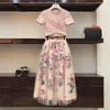 Tweedelige jurk vrouwen print rose set 2021 lente zomer mode bandage kruis katoenen blouses tops en lange midi a-line rokken pak