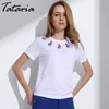 T-shirts das mulheres para mulheres Verão Slim Bordado Basci Tops de manga curta Fêmea pulôver O Pescoço Causal Camisetas Tataria 210514