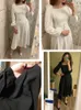 Robe de fée élégante pour femmes, Vintage, couleur unie, col carré, ligne A, pleine avec ceinture, taille haute, mi-mollet, automne 2022
