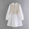 Elegancka Solid Patchwork Poplin Thin Simple Lato Mini Dress Design Z Długim Rękawem V-Neck A-Line High Waist Femme Vestidos 210521
