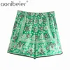 Green Loose Shorts Summer Fashion Drawstring Elastic High Waist Women Printed Casual Holiday Beach Wear 210604