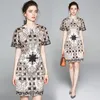 Moda Tasarımcısı Barok Retro Desen Baskı Ekose Kadın Kısa Kollu O-Boyun Ofis İşleri Giyim Yaz Elbise Vestidos 210416