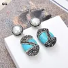 JK White Pearl Blue oval turquoise Stone Marcasite Earrings-Silver Stud