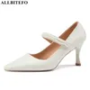 AllBitefo Sweet Pearl Echt Lederen Sexy Hoge Hakken Bruiloft Vrouwen Schoenen Dames Hakken Schoenen Herfst Hoge Hak Schoenen Maat: 33-43 210611