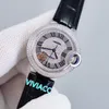 Nuove donne Orologi con diamanti in cristallo pieno Orologio con numero romano in pelle nera Orologio meccanico automatico in acciaio inossidabile con zaffiro 33mm