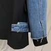 Лоскутное попадание цветного пальто для женщин отворота с длинным рукавом джинсовые аппликации сетки съемные свободные пальто женские мода одежда 210531