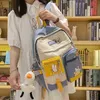 Waterproof Badge Women Buckle Backpack Color Patchwork Backpacks For Teenage Girl School Bag Fancy Student Book Bag 202211