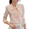 Printemps Automne Le nouveau chemisier en mousseline de soie décontracté coréen Chemise rose blanc bureau femme chemise en mousseline de soie haut pour femme 210419
