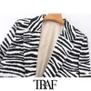 TRAF Women Fashion Single Button Animal Print Blazer Coat Vintage Long Sleeve Pockets Female Outerwear Chic Veste Femme 210415