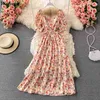 Vintage Floral Square Collar Dress Kvinnor Sommar Koreanska Vestidos Puff Sleeve Drawstring Slim Waist Beach Holiday Dresses 210519