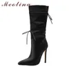 Meotina mi-mollet bottes femmes chaussures super haut talon femme bottes bout pointu talons fins à lacets chaussures de dame hiver noir 210608