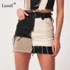 Liooil Patchwork Cotton Denim High Waist A-Line Skirts With Pockets Autumn Streetwear Color Block Zipper Women Sexy Mini Skirt 210621