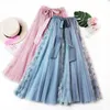 Fashion Tutu Tulle Skirt Women Long Maxi Skirt Korean Cute Bow High Waist Pleated Skirt Female School Sun Spodnica 210419