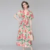 Zomer mode vrouwen v kraag lotus blad korte mouwen onregelmatige dames bloem print elastische taille casual jurk 210531