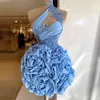 Baby Blue Short Prom Dresses High Neck Sheer Neckline Lace Appliques Cocktail Party Dress Pick Ups Mini Evening Gowns Sleeveless Sexy Back