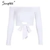 Sexy off shoulder tie up white crop female solid cropped women Casual bow autumn streetwear shirt ladies tops 210414