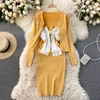 Women's v-neck long-sleeved casual knitted cardigan top With dress women's chest bow-knot slim suspender two-piece women 210420