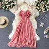 Zoete roze jurk zomer vrouwen mouwloze Koreaanse vintage geplooide lange jurken solide A-lijn party dames vestido femme 210519