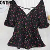 Hauts pour femmes et imprimé chemisier à fleurs été coton col en V noir manches bouffantes dames rétro doux chemises Blusas Femininas Elegante 210527