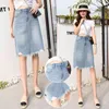 Summer Denim Skirt Women Midi s Solid High Waist Knee-length Tassel Teen Light Blue faldas B03108B 210421