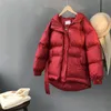 Trois couleurs solide femmes Parka à capuche fermeture éclair simple boutonnage manteau hiver épais coréen mode ceintures veste courte 10635 210415