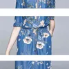 Summer Blue Floral Printed Denim Long Dress Women Short Sleeve V-neck Drawstring Waist Zip-up Fashion Elegant Vestidos 210513