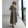 Women Linen Vneck Loose Dresses Korean Vintage Solid Color Pocket Design Maxi Robe Kimono VKDR21478389058