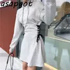 Coton Gris À Capuche Bandage Hoodies Robe Femmes Mini Lace Up Taille Pull Noir Robe Chic Casual Automne Hiver Robe Lâche 210610