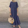 2021 Femmes Robe Vintage O-cou Longue Maxi Robe Femme Casual Dot Pinted Robe D'été Plage Boho Robes Robes Robe X0521