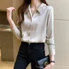 韓国のシルクの女性のシャツVネックサテンシャツ女性長袖ブラウストップスプラスサイズのエレガントなソリッドブラウスXXL 210427