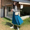 Gentle Vintage Summer Chic Korean All-match A Line High Waist Blue Pleated Skirts Women Slim Yellow Faldas Mujer Fashion 210610