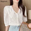 Korean Sweet Hollow Embroidery Chiffon Shirt Female Short Sleeve Turn-down Collar Women Blouses Summer Fashion Tops Blusas 14194 210512