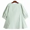 [EAM] Women Green Big Size Solid Color Casual T-shirt Round Neck Lantern Sleeve Fashion Spring Summer 1DD6848 210512
