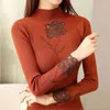 Maglione dolcevita con ricamo rosa Donna Primavera Autunno Diamanti Trasparente Pullover lavorato a maglia sottile M9D503Y 210421