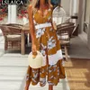 Elegant Women's Dress V-Neck Sling Print Lace Patchwork Maxi Fashion Boho High Waist Thigh Slit Sexy Beach Party 210520