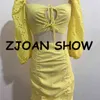 Yellow White Plaid Short T-shirt Crop Top Sexy Women Hollow Out Lace Hem Mini Skirt Half Sleeve Tops 2 Pieces Set 210429