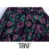 Traf Women Fashion Floral Print Ruffled Mini Dress Vintage High Collar Elastic midja med foder kvinnliga klänningar Mujer 210415