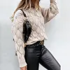 Design Jesień Elegancki Koronka V-Neck Patchwork Lady Dzianiny Swetry Zima Ciepła Casual Długi Rękaw Pullover Tops Moda Solidna kobieta