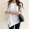 Korjpaa Kvinnor T-shirt Sommar Korea Chic All-Match Haze Blå Rund Halsjusterbar Spänne Midja Design Oregelbundna Pullovers 210526